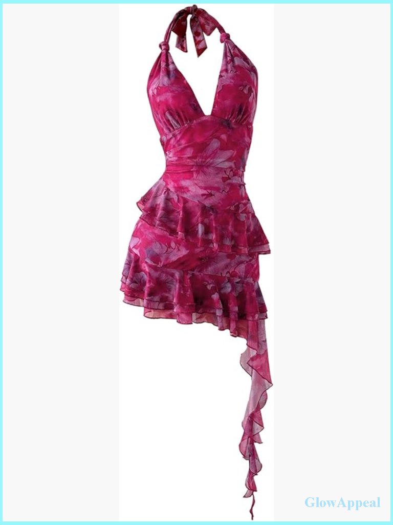 Y2k Halter Mini Dress Mesh Floral Ruffle Backless Wedding Guest Summer